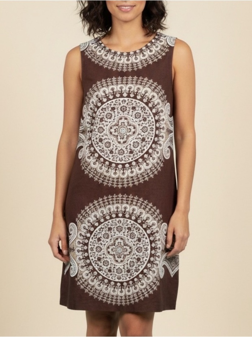 Maggy London 100% Linen neutral summer Chocolate Dress Paisley Print